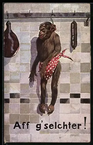 Künstler-AK Aff g`selchter!, Affe hängt am Fleischerhaken