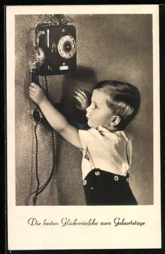AK Kleiner Junge am Telefon, Glückwunsch zum Geburtstag