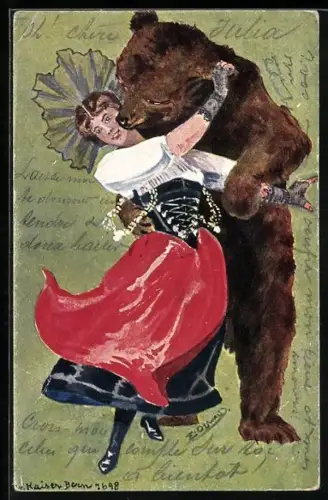 Künstler-AK sign. E. Osswald: Bär tanzt mit einer Frau in Tracht
