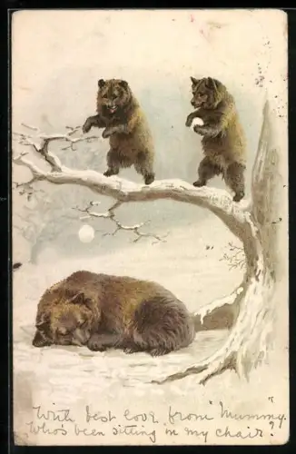 Künstler-AK Bärenjunge bewerfen ihre Mutter mit Schneebällen