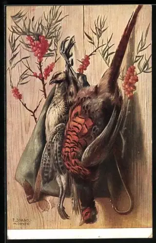 Künstler-AK E. Dorno: Jäger-Rucksack und Beutevögel hängen mit Beerenlaub am Haken