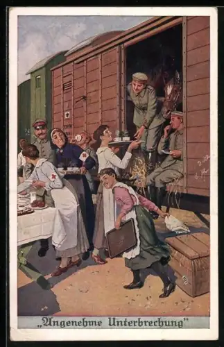 AK Rotes Kreuz, Angenehme Unterbrechung, Schwestern versorgen Soldaten im Zug
