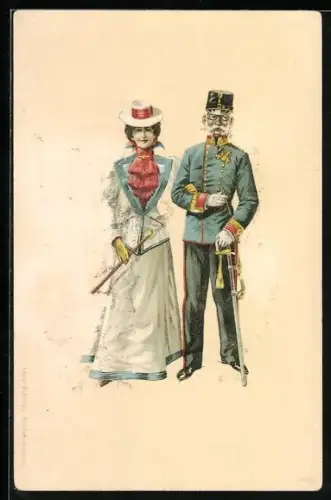 AK österreichischer Offizier in Uniform & edel gekleidete Dame mit Hut