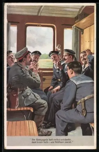 AK Soldaten des Heeres u. der Marine erzählen sich Räubergeschichten im Zugabteil, Soldatenhumor