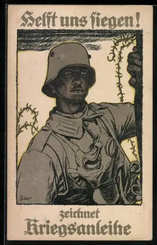 Künstler-AK Helft uns siegen! zeichnet Kriegsanleihe, Sturmsoldat im Angesicht der Gefahr