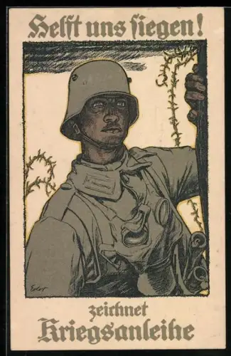 Künstler-AK Helft uns siegen! zeichnet Kriegsanleihe, Sturmsoldat im Angesicht der Gefahr