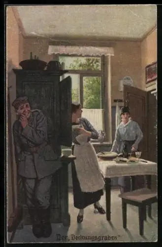 Künstler-AK Arthur Thiele: Nr. 6, Der Deckungsgraben, Soldat versteckt sich hinter dem Schrank