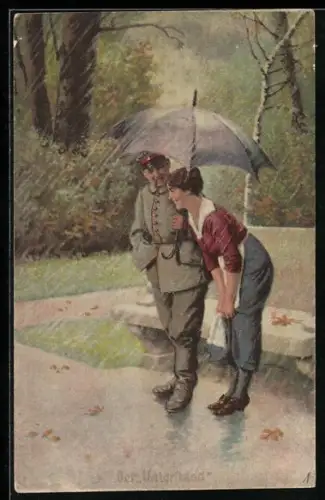 Künstler-AK Arthur Thiele unsign.: Soldat bietet einer Frau mit einem Regenschirm Schutz vor dem Regen