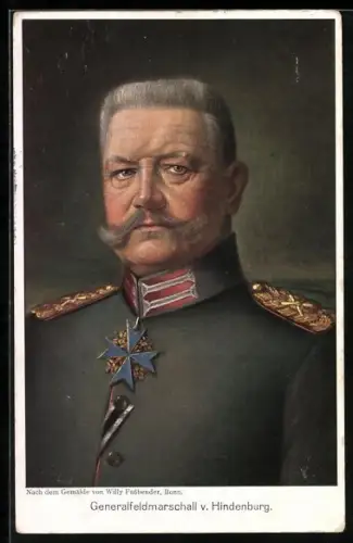Künstler-AK Porträt Generaldfeldmarschall Paul von Hindenburg in Uniform mit Pour le merite