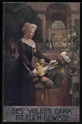 Künstler-AK Des Volkes Dank sei Euch gewiss!, Kaiserin Auguste Victoria und verwundeter Kriegsheld