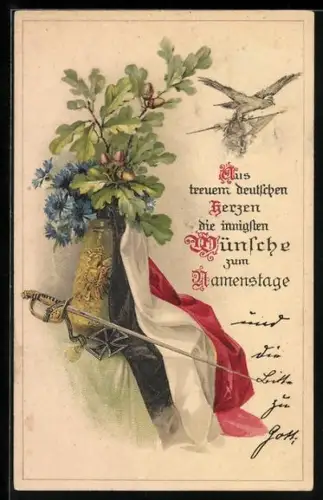 AK Eisernes Kreuz, Vase mit Eichenzweig und Kornblumen, Degen und Adler mit Fahne