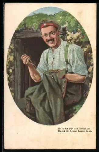 AK Deutsche Schützengraben-Karte, Soldat näht Ärmel an seine Jacke