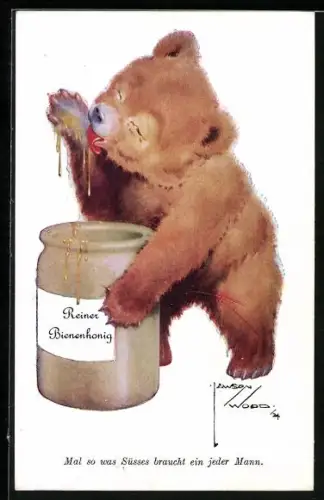 Künstler-AK Lawson Wood: Teddy nascht Bienenhonig