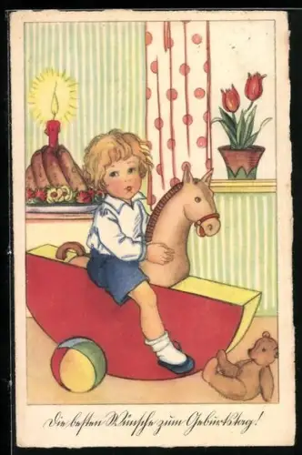 AK Kind auf Schaukelpferd mit Ball und Teddy, Geburtstagsgruss