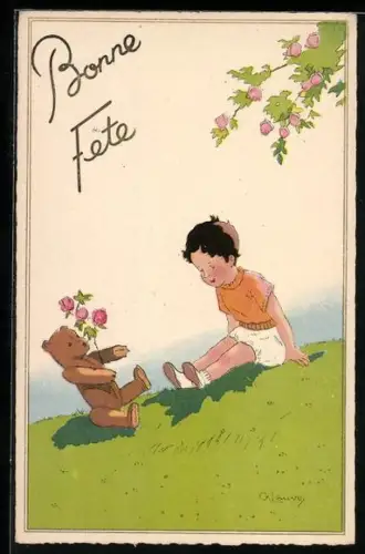 Künstler-AK G. Lauvey: Bonne Fête, Kind mit Teddy u. Rosen auf der Wiese