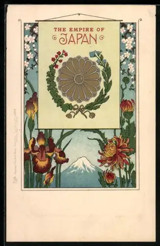 Künstler-AK Japan, Wappen mit Berg und Blumen