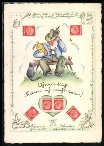 AK Briefmarkensprache, Ohne Dich kann ich nicht sein!, der Mann sitzt weinend mit einer Giftflasche im Arm auf d. Bank