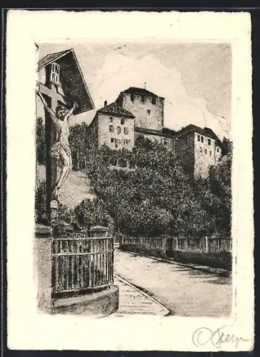 Künstler-AK Feldkirch, Schattenburg mit Jesuskreuz