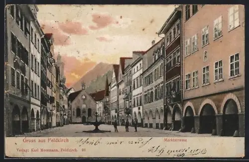 AK Feldkirch, Marktstrasse mit Geschäft und Brunnen