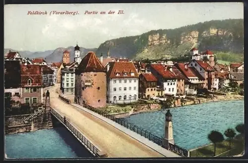 AK Feldkirch, Illbrücke mit Ortspanorama aus der Vogelschau