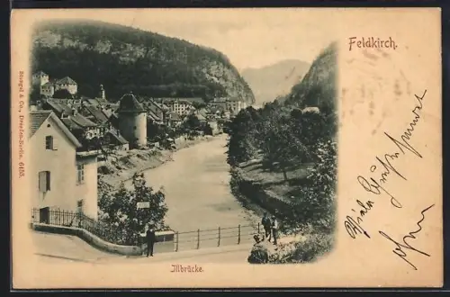 AK Feldkirch a. d. Aelbergbahn, Blick von der Illbrücke auf die Ortschaft
