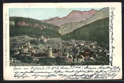 Goldfenster-AK Feldkirch, Ortsansicht, Häuser mit leuchtenden Fenstern