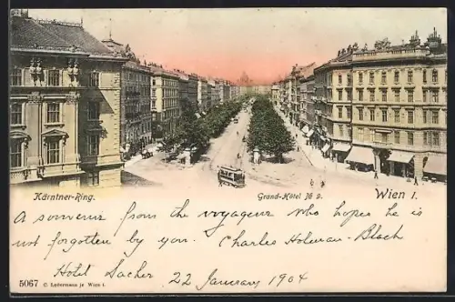 AK Wien, Kärntner-Ring mit Grand-Hotel und Strassenbahn
