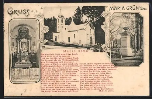 AK Graz, Mariagrün, Kirchen-Innenansicht und Gedicht