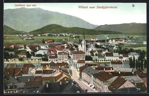 AK Villach, Ortsansicht vom Stadtpfarrturm aus, mit Gerlitzen