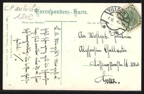 AK Villach, Ortsansicht vom Stadtpfarrturm aus, mit Gerlitzen