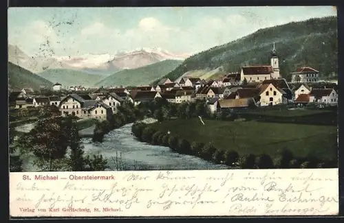 AK St. Michael /Stmk., Panorama mit Fluss, Kirche