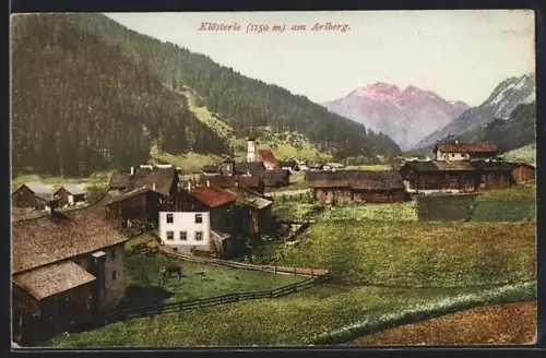 AK Klösterle, Ortsansicht mit Feldern und Bergen