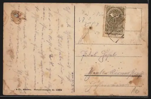 AK Klösterle, Ortsansicht mit Feldern und Bergen