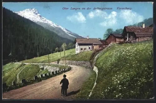 AK Ober-Langen an der Arlbergstrasse, Ortspartie mit einem Mann