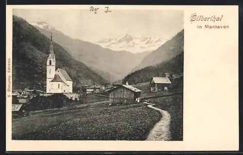 AK Silberthal in Montavon, Teilansicht des Ortes mit Kirche