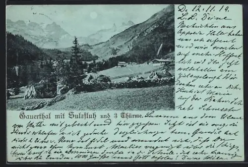 Mondschein-AK Gauerthal, Ortsansicht mit Sulzfluh und 3 Thürme