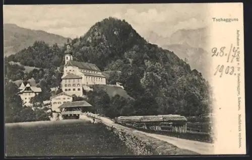 AK Tschagguns, Teilansicht mit Kirche und Gebirgspanorama