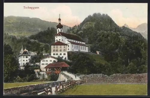 AK Tschagguns, Teilansicht des Ortes mit Kirche