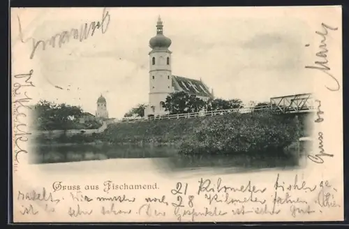 AK Fischamend, Uferpartie mit Blick auf die Kirche