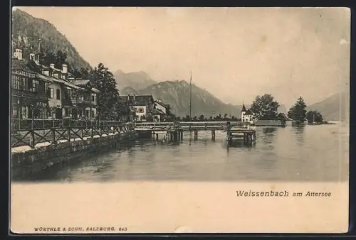 AK Weissenbach am Attersee, Uferpartie mit Anlegestelle