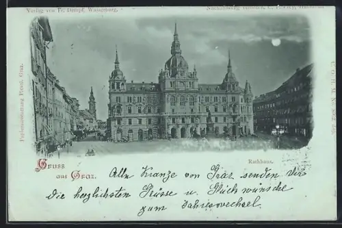 Mondschein-AK Graz, Stadtpartie mit Rathaus