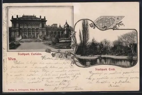 AK Wien, Cursalon und Teich im Stadtpark mit blumengeschmücktem Passepartout