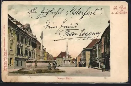AK St. Veit a. d. Glan., Oberer Platz mit Brunnen und Denkmal