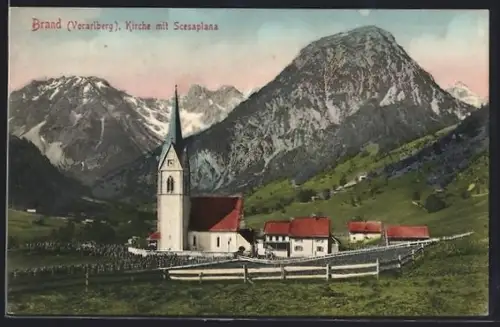 AK Brand /Vorarlberg, Kirche mit Scesaplana