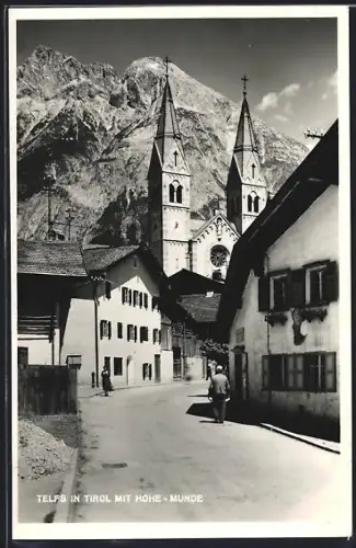 AK Telfs in Tirol, Kirche mit Hohe-Munde im Hintergrund