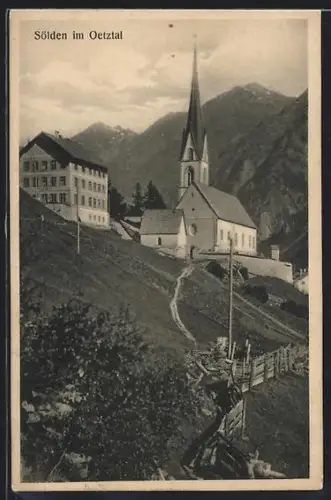 AK Sölden im Oetztal, Teilansicht mit Kirche und Gebirgspanorama
