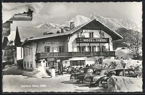 AK Seefeld /Tirol, Hotel Tyrol im Winter mit parkenden Autos