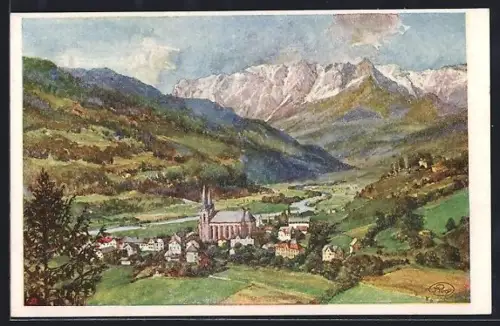 Künstler-AK St. Johann i. P., Gesamtansicht des Ortes mit Gebirgspanorama