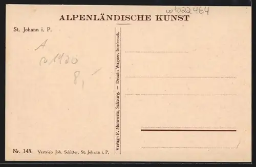 Künstler-AK St. Johann i. P., Gesamtansicht des Ortes mit Gebirgspanorama