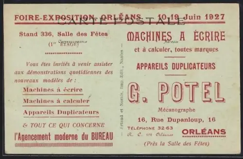 AK Orléans, Foire-Exposition Orléans 1927, Machines a Écrire G. Potel, L`Église Saint-Paterne